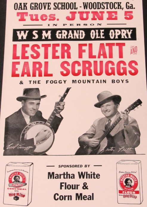 Concert poster for Flatt & Scruggs, sponsored by Martha White Flour & Corn Meal.